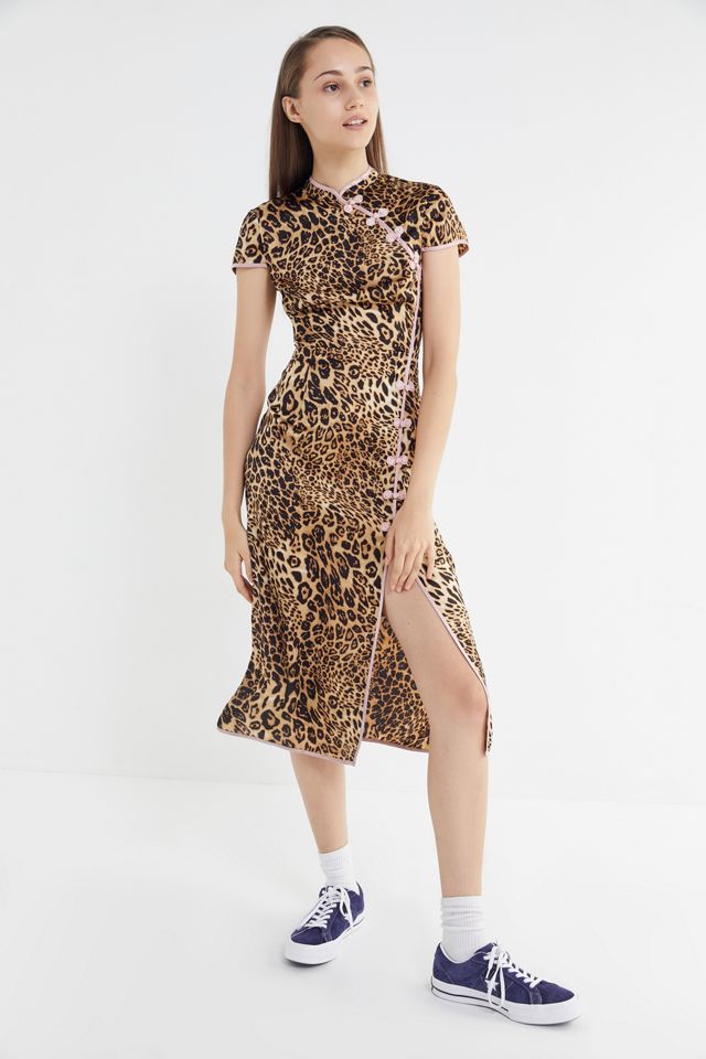 urban outfitters leopard mesh dress Kiss The Sky Moss Lace & Leopard Print Midi Dress