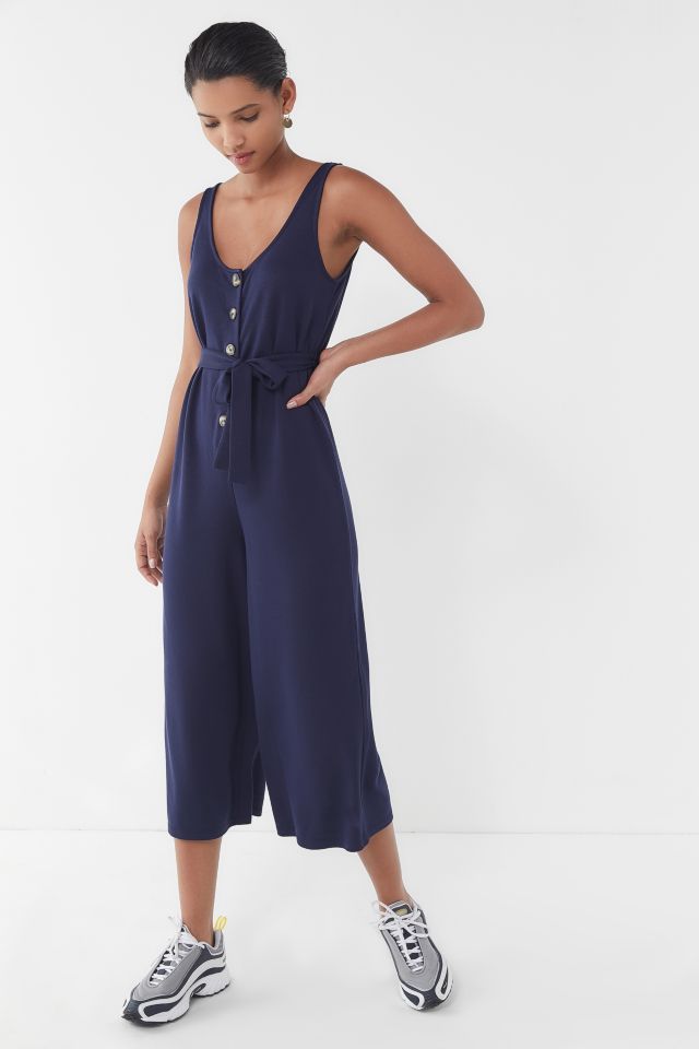 UO Corinne Cupro Belted Button-Front Jumpsuit | Urban Outfitters