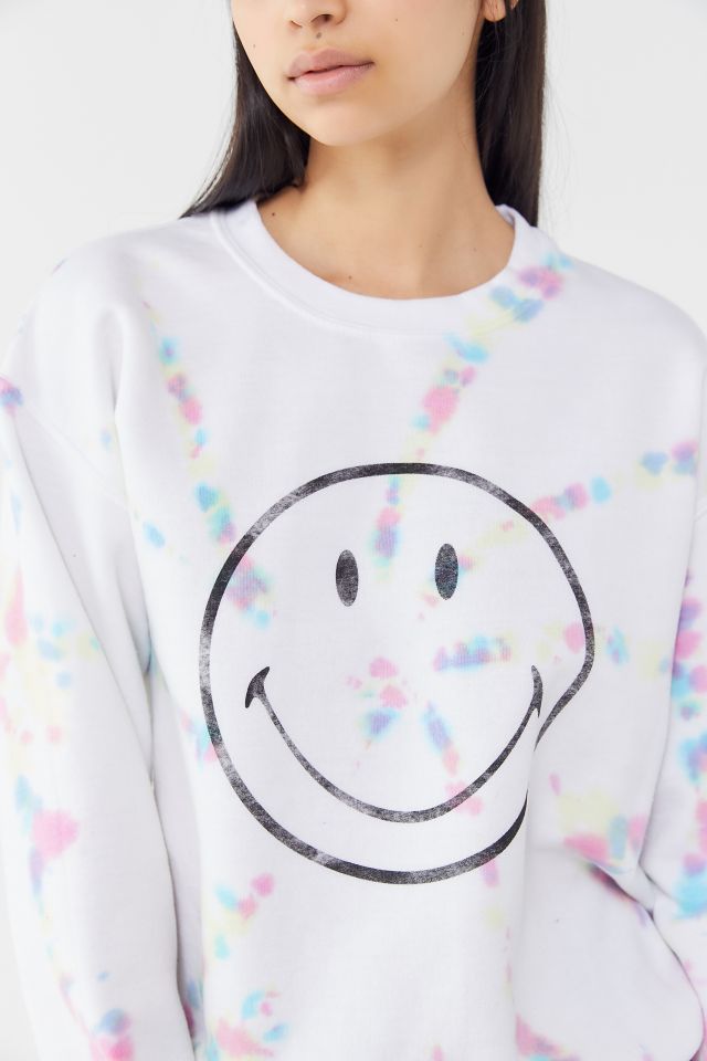 LuLuBleuBoutique Embroidered Smiley Face Tie Dye Comfort Colors Sweatshirt, Happy Face Vintage Sweatshirt