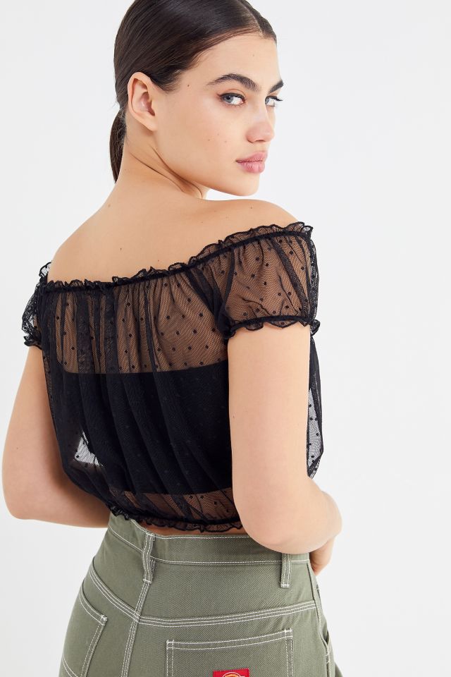 UO Rayne Mesh Ruffle Off-The-Shoulder Top #1