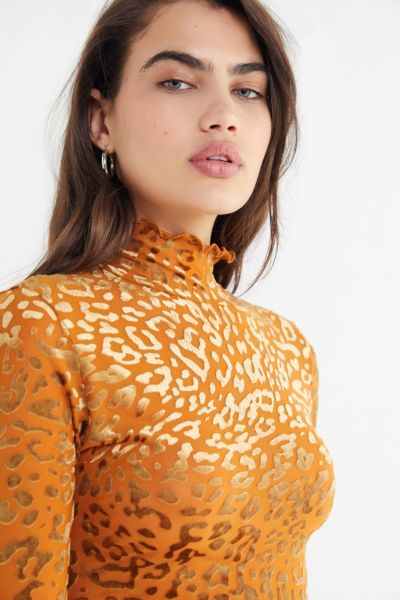 Out From Under Leopard Print Velvet Mock-Neck Top | Urban Outfitters