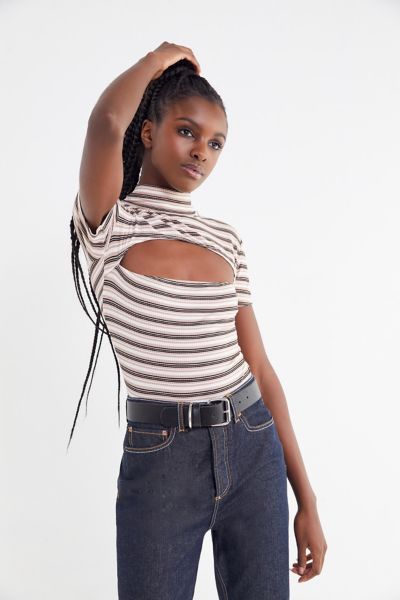 Motel Striped Cut-Out Mock-Neck Top | Urban Outfitters