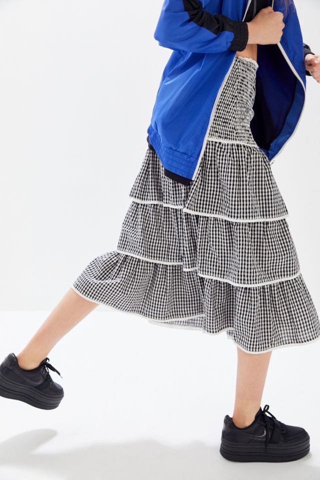 UO Taffy Smocked Tiered Ruffle Midi Skirt #1