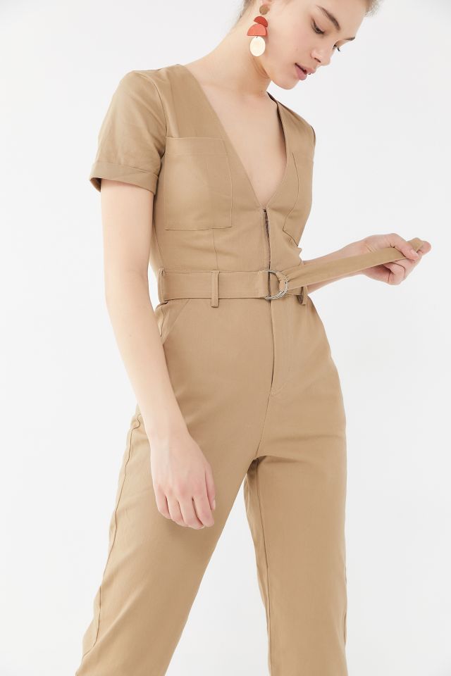 Jumpsuit With Zip Front And Utility Pockets Beige