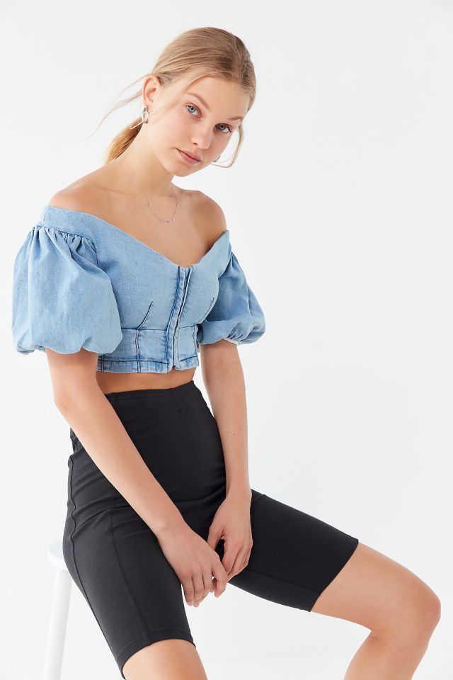 Finders Keepers Lemonade Denim Puff Sleeve Cropped Top