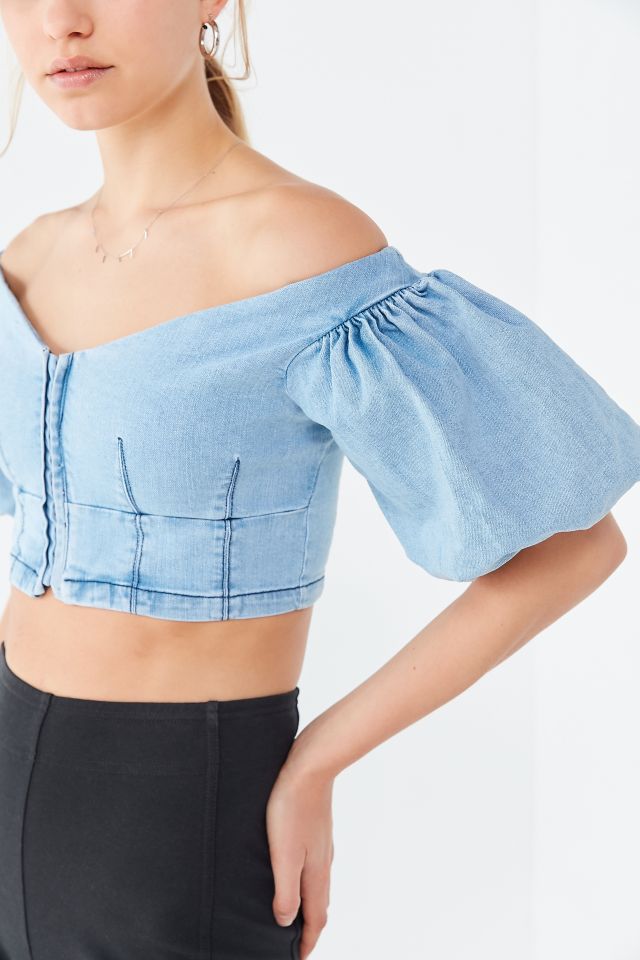 Finders Keepers Lemonade Denim Puff Sleeve Cropped Top #1