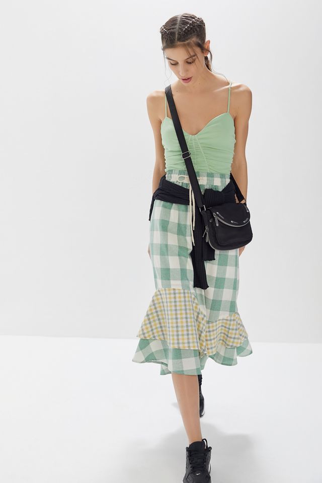 UO Claire Mixed Plaid Ruffle Midi Skirt #1