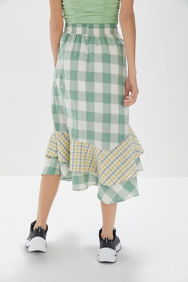 UO Claire Mixed Plaid Ruffle Midi Skirt #2