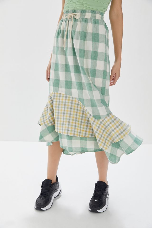 UO Claire Mixed Plaid Ruffle Midi Skirt #3