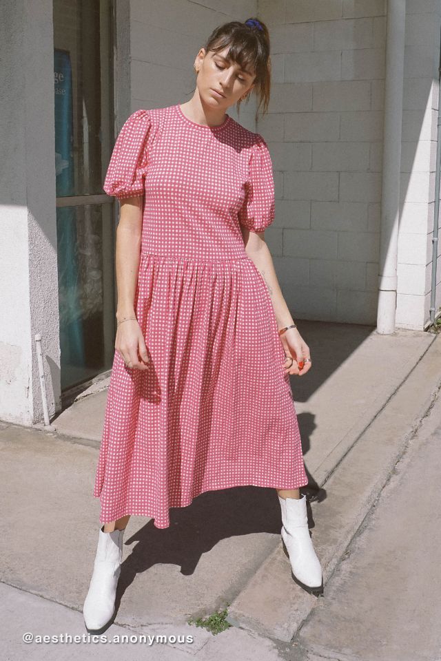 UO Antibes Gingham Puff Sleeve Midi Dress Urban Outfitters