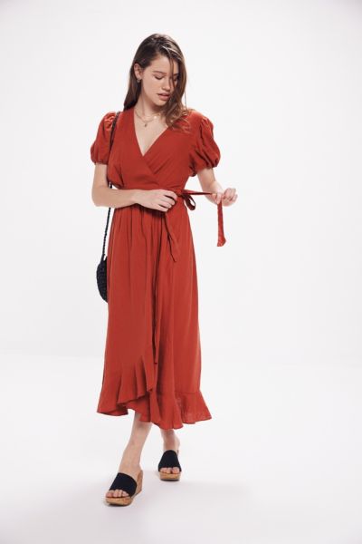 Urban outfitters gabrielle linen midi wrap dress sale