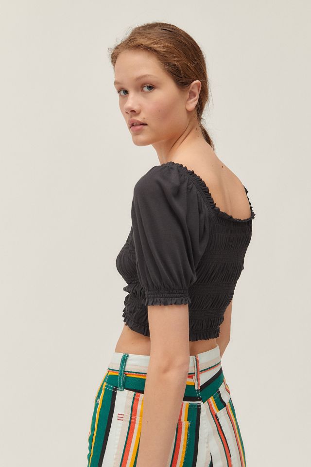 UO Shay Cinched Puff Sleeve Smocked Cropped Top #3