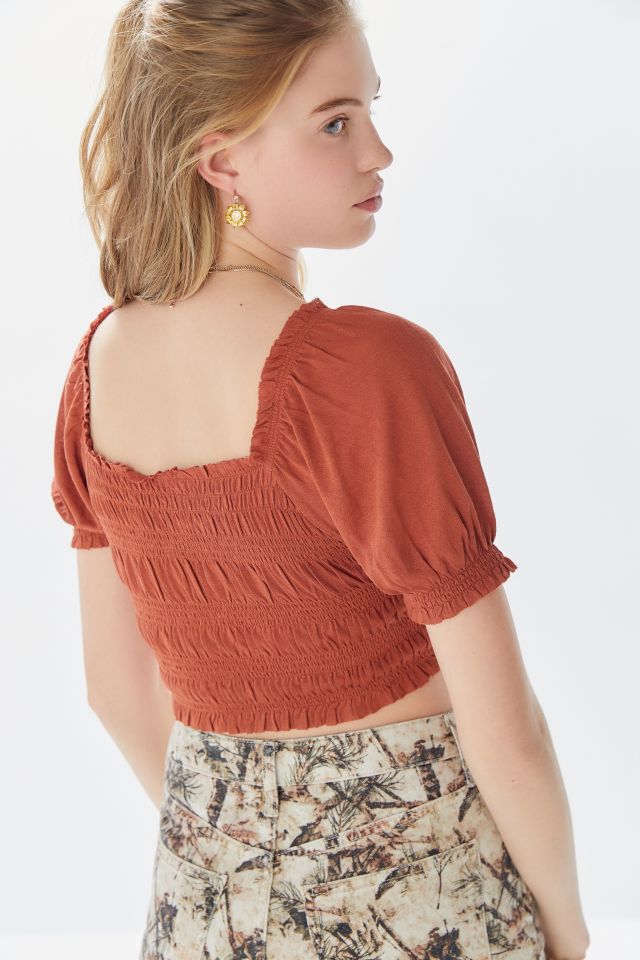 UO Shay Cinched Puff Sleeve Smocked Cropped Top #1