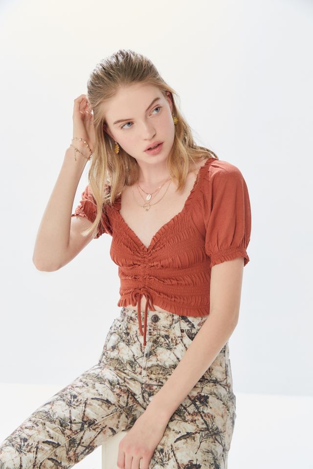 UO Shay Cinched Puff Sleeve Smocked Cropped Top #3