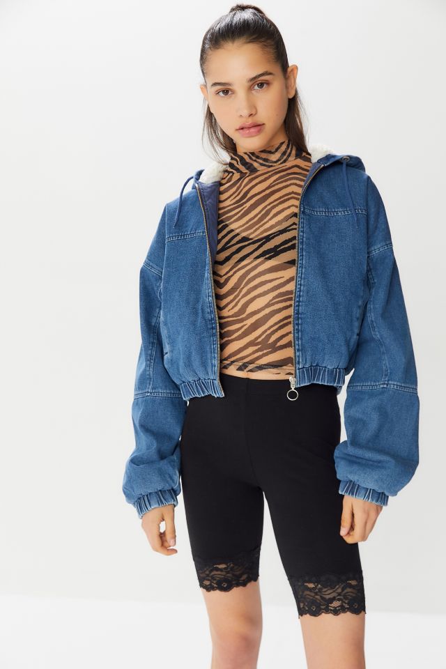 BDG Denim Sherpa Zip Front Cropped Jacket