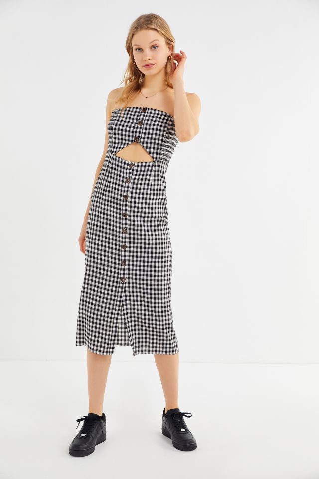 L Rumi Violet Gingham Strapless Button Front Midi Dress Urban