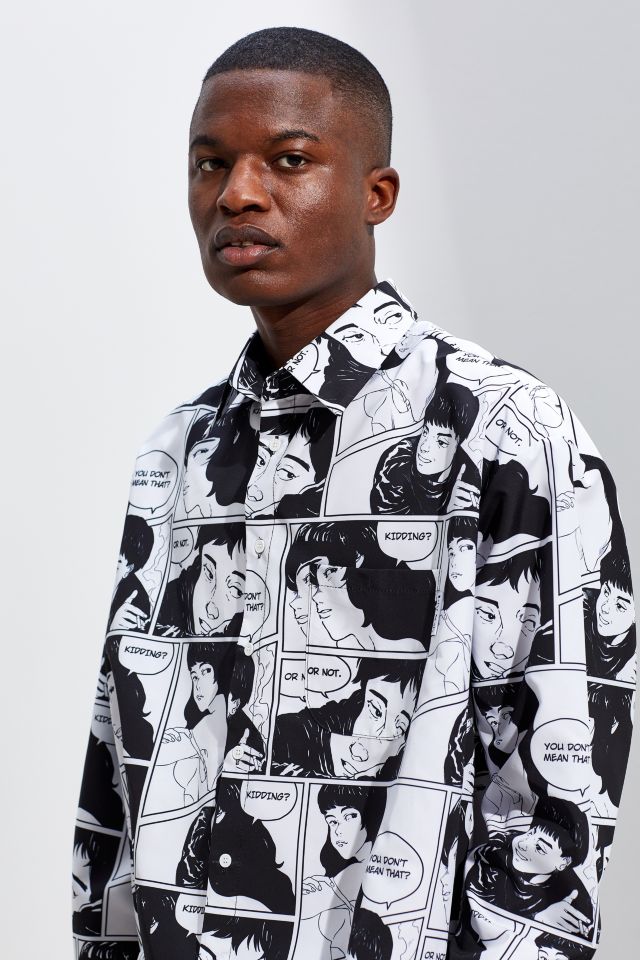 AJOBYAJO Manga Print Oversized Button-Down Shirt #1