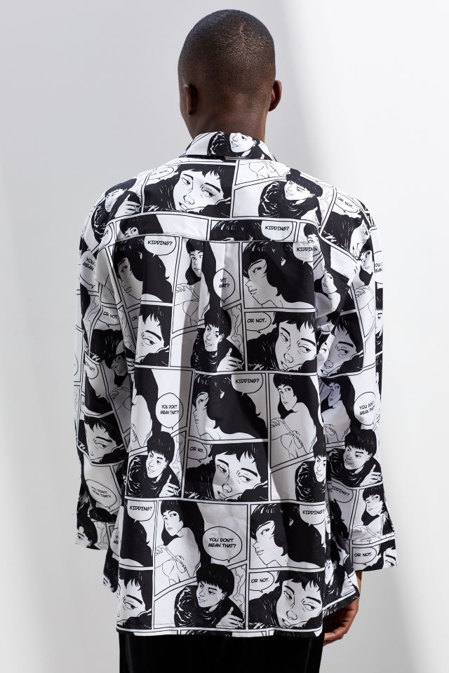 AJOBYAJO Manga Print Oversized Button-Down Shirt #3