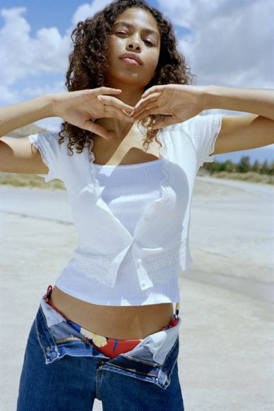 トップス Ravioli Lace-Trim Button-Up Top_White 71UXfe4JROL._AC_SY606_.jpg