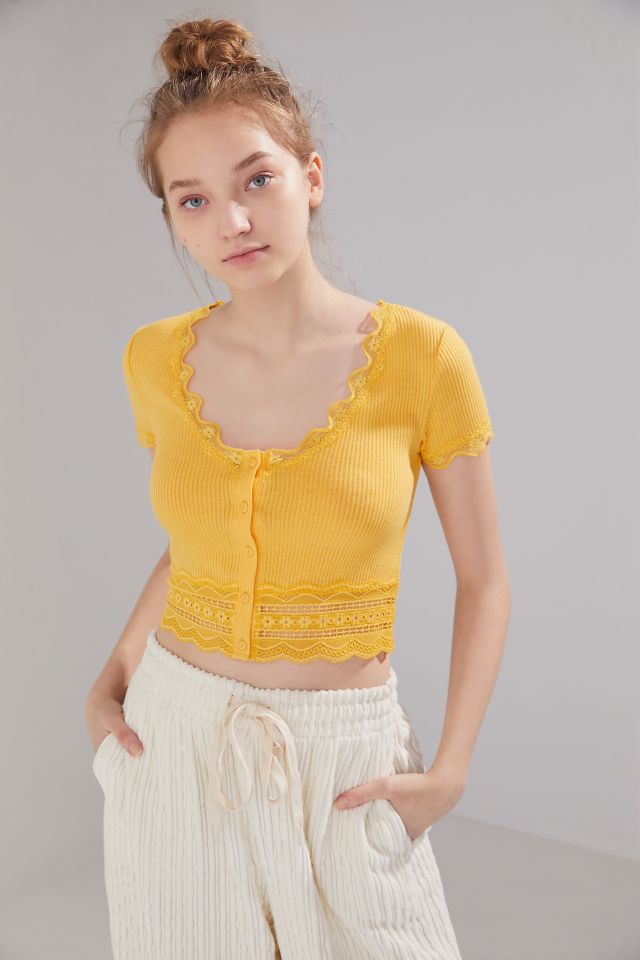UO Darcy Lace Trim Button-Up Ribbed Cropped Top #1