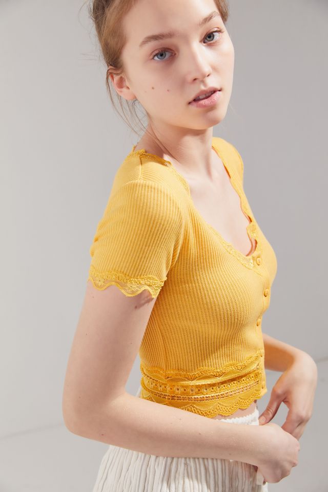 UO Darcy Lace Trim Button-Up Ribbed Cropped Top #3