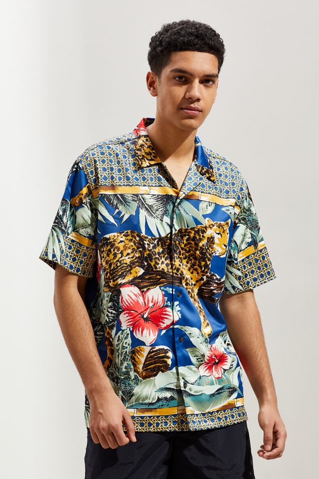 UO Jungle Print Satin Short Sleeve Button-Down Shirt  #1