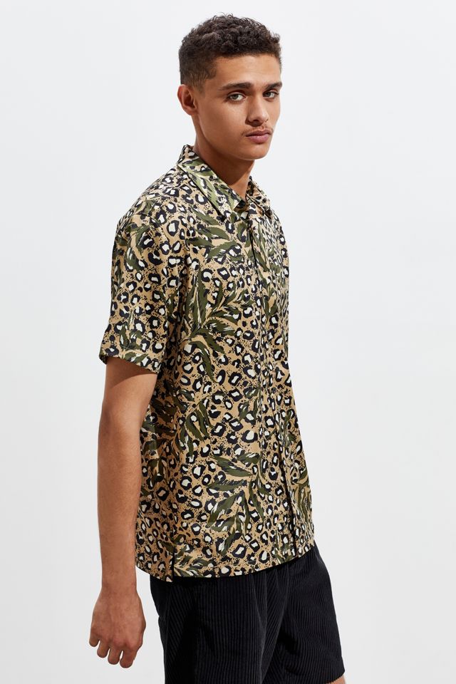 UO Leopard Print Satin Short Sleeve Button-Down Shirt #1