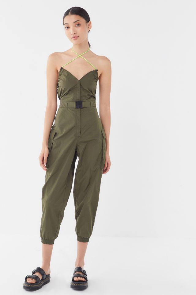 UO Cameron Nylon Belted Halter Jumpsuit