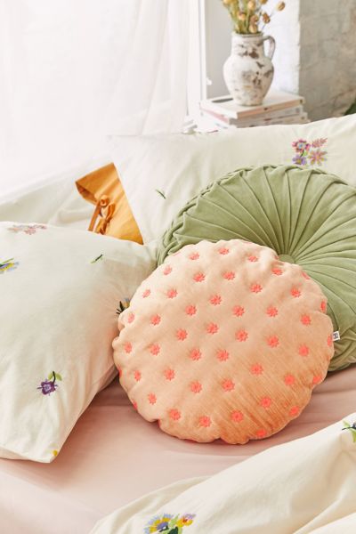 Ditsy Daisy Embroidered Velvet Throw Pillow
