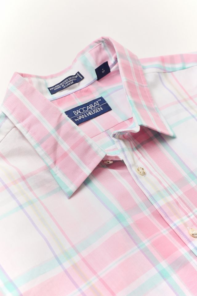 Vintage Pink Plaid Short Sleeve Button-Down Shirt #1