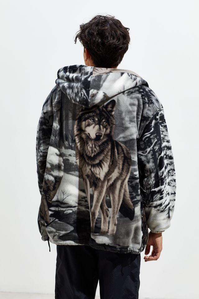 Men's Wolf Print Fleece Jacket - Blue Grey