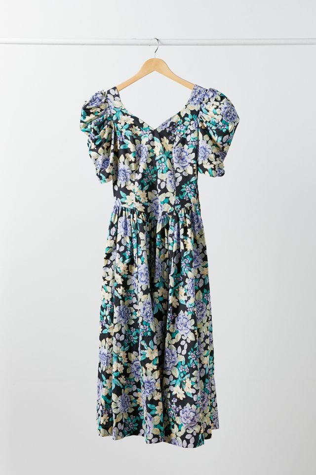 Robe midi noir et jaune vintage à manches bouffantes et fleurs Laura