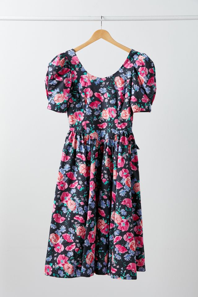 Vintage Laura Ashley Black + Pink Floral Puff Sleeve Midi Dress | Urban ...