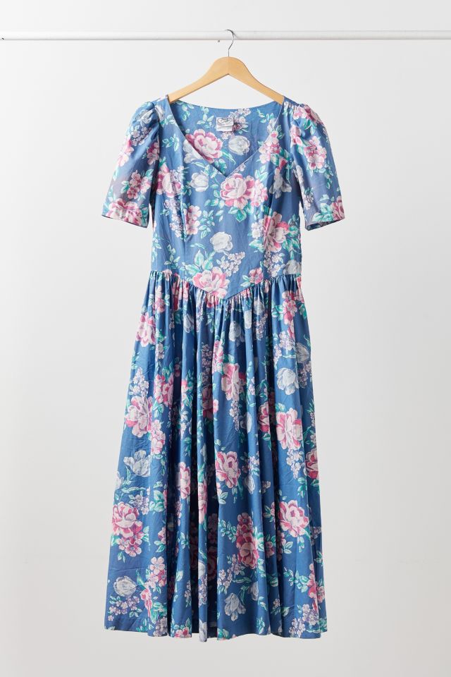 Vintage Laura Ashley Blue Floral Short Sleeve Midi Dress