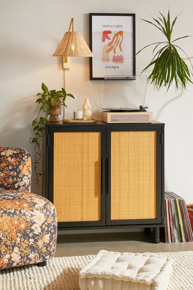 Delancey Boho-Modern Black/Brown Rattan 2-Door Storage Cabinet