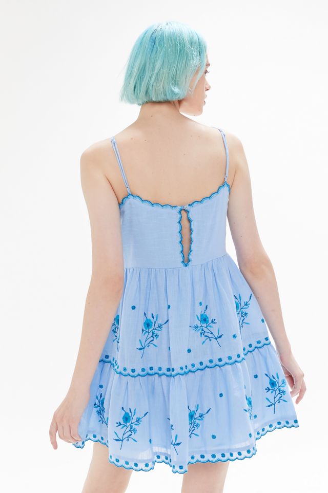 urban outfitters hanna embroidered scalloped babydoll mini dress Long Puffy Sleeve High Neck Fit and Flare Dress Light Blue main image 1