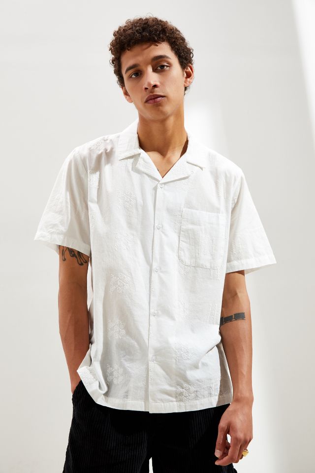 UO Embroidered Eyelet Short Sleeve Button-Down Shirt