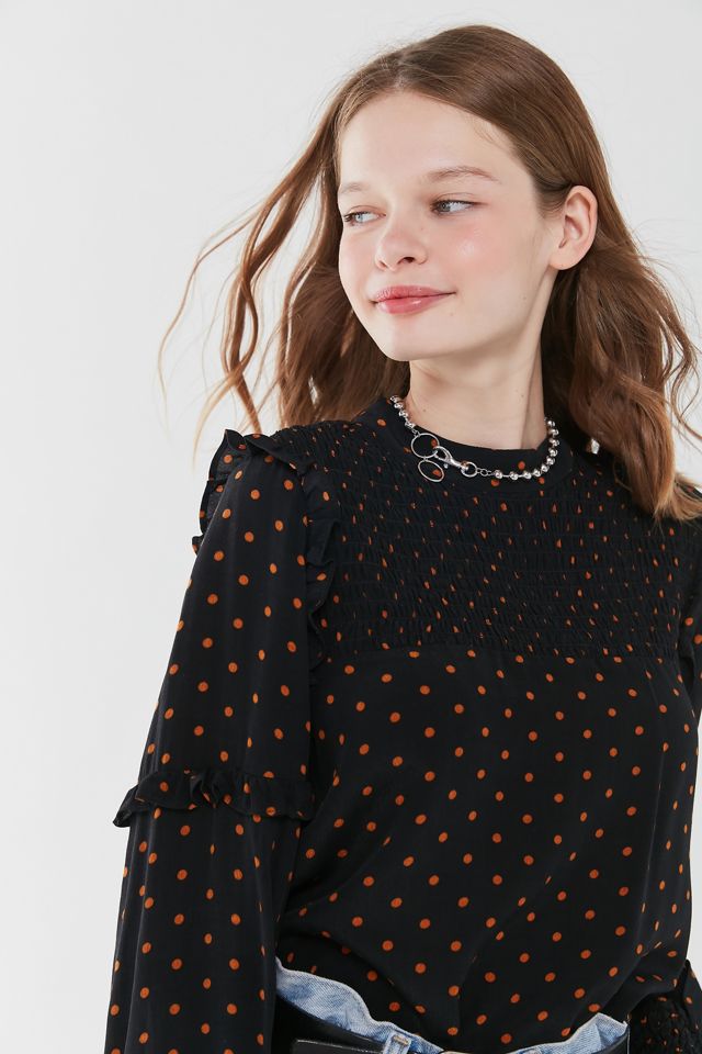JILL JILL STUART Womens Black Ruffled Polka Dot Short Sleeve Jewel Neck Blouse main image 1