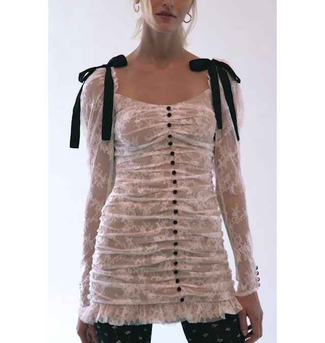 for love and lemons beverly pleated mini dress Beverly Floral Applique Pleated Chiffon Mini Dress  FOIOR