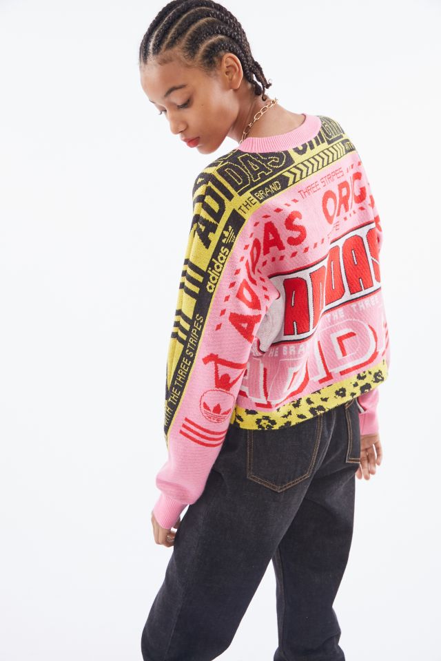 Adidas originals scarf print store jumper in pink and red