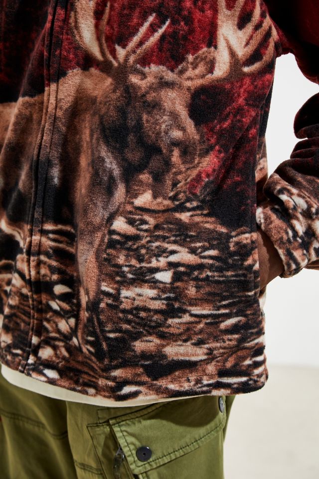 Moose Print Fleece Full Zip Mock Neck Jacket Urban Outfitters Canada