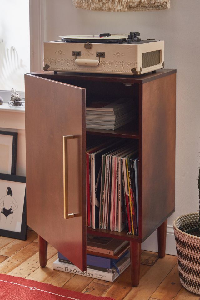 Mid-Century Brown Wood Record Player Cabinet with Gold Accents