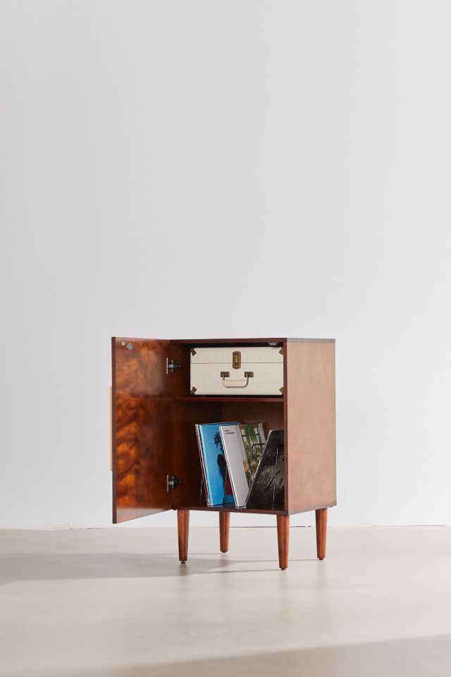 Mid-Century Brown Wood Record Player Cabinet with Gold Accents