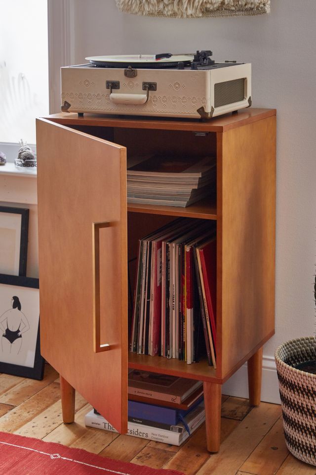 Mid-Century Brown Wood Record Player Cabinet with Gold Accents
