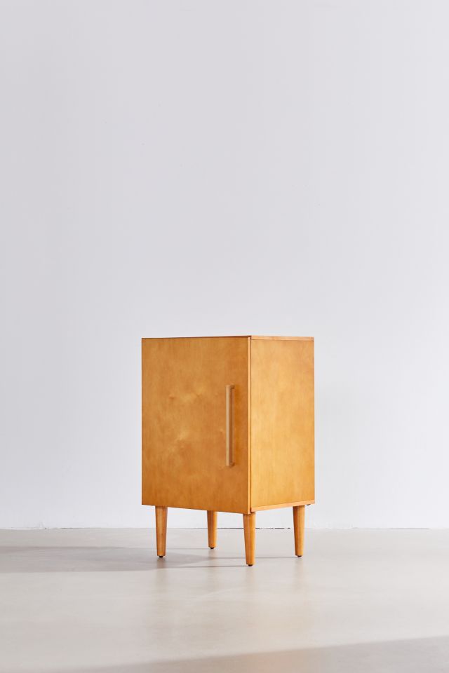 Mid-Century Brown Wood Record Player Cabinet with Gold Accents