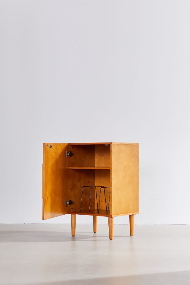 Mid-Century Brown Wood Record Player Cabinet with Gold Accents