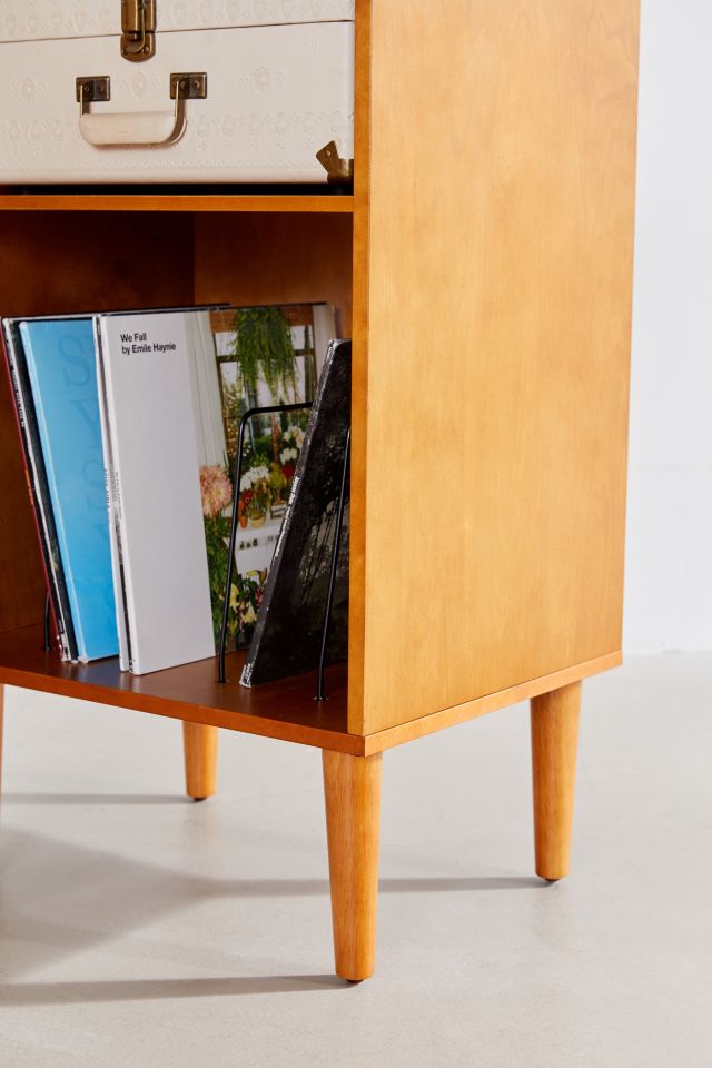 Mid-Century Brown Wood Record Player Cabinet with Gold Accents