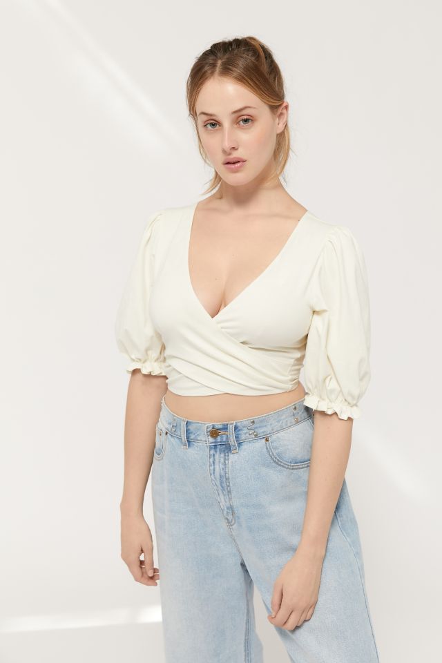 UO Saskia Surplice Puff Sleeve Cropped Top #3