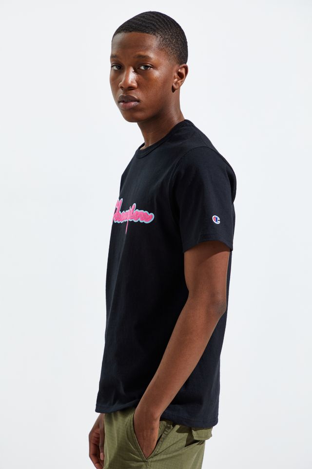 Black champion shirt with pink writing hot sale