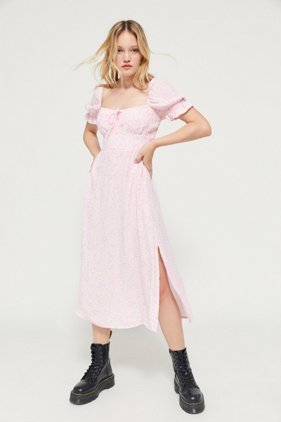 FAITHFULL THE BRAND EVELYN FLORAL PUFF SLEEVE MIDI DRESS